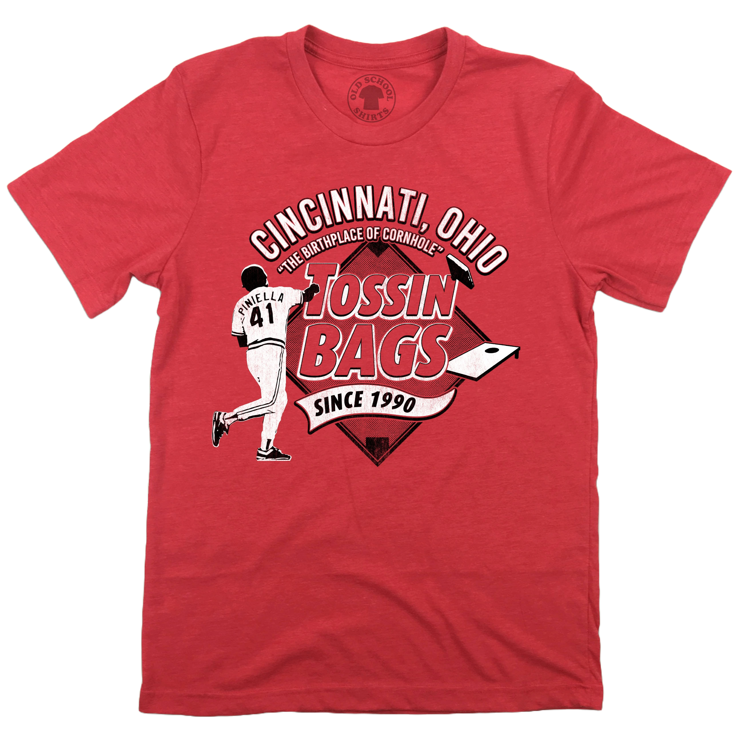 Tossin Bags Since 1990 - Sweet Lou Cincinnati Baseball & Cornhole Unisex Tee