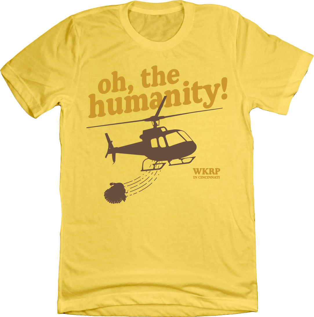 WKRP Turkey Drop Oh, the Humanity Yellow T-shirt Old School Shirts