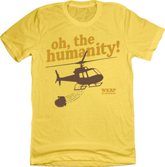 WKRP Turkey Drop Oh, the Humanity Yellow T-shirt Old School Shirts