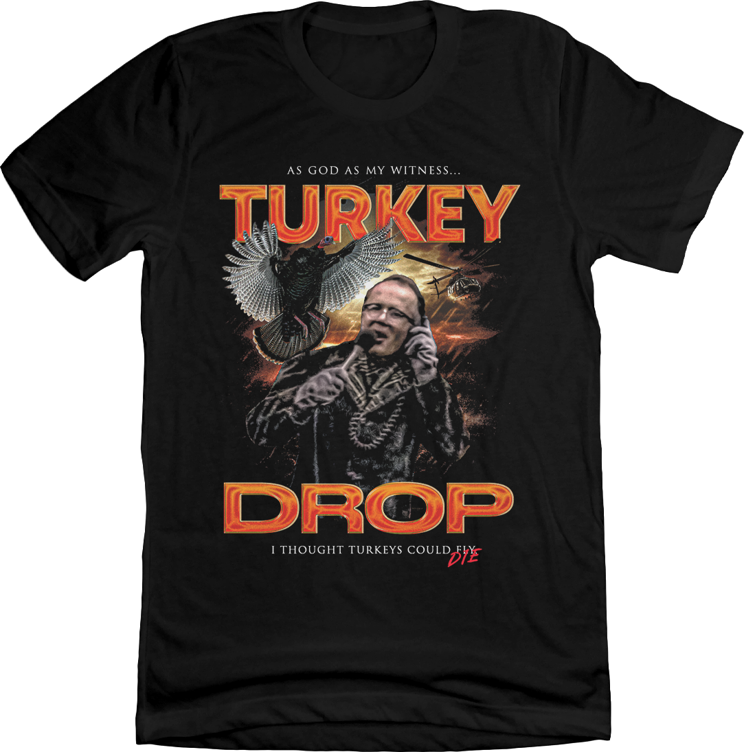WKRP Turkey Drop Les Nessman Image Old School ShirtsWKRP Turkey Drop Les Nessman Image Black T-shirt Old School Shirts