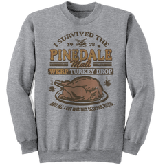 WKRP Turkey Drop Pinedale Mall I Survived grey crew Old School Shirts