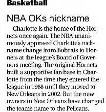Bobcats become Hornets newspaper clip